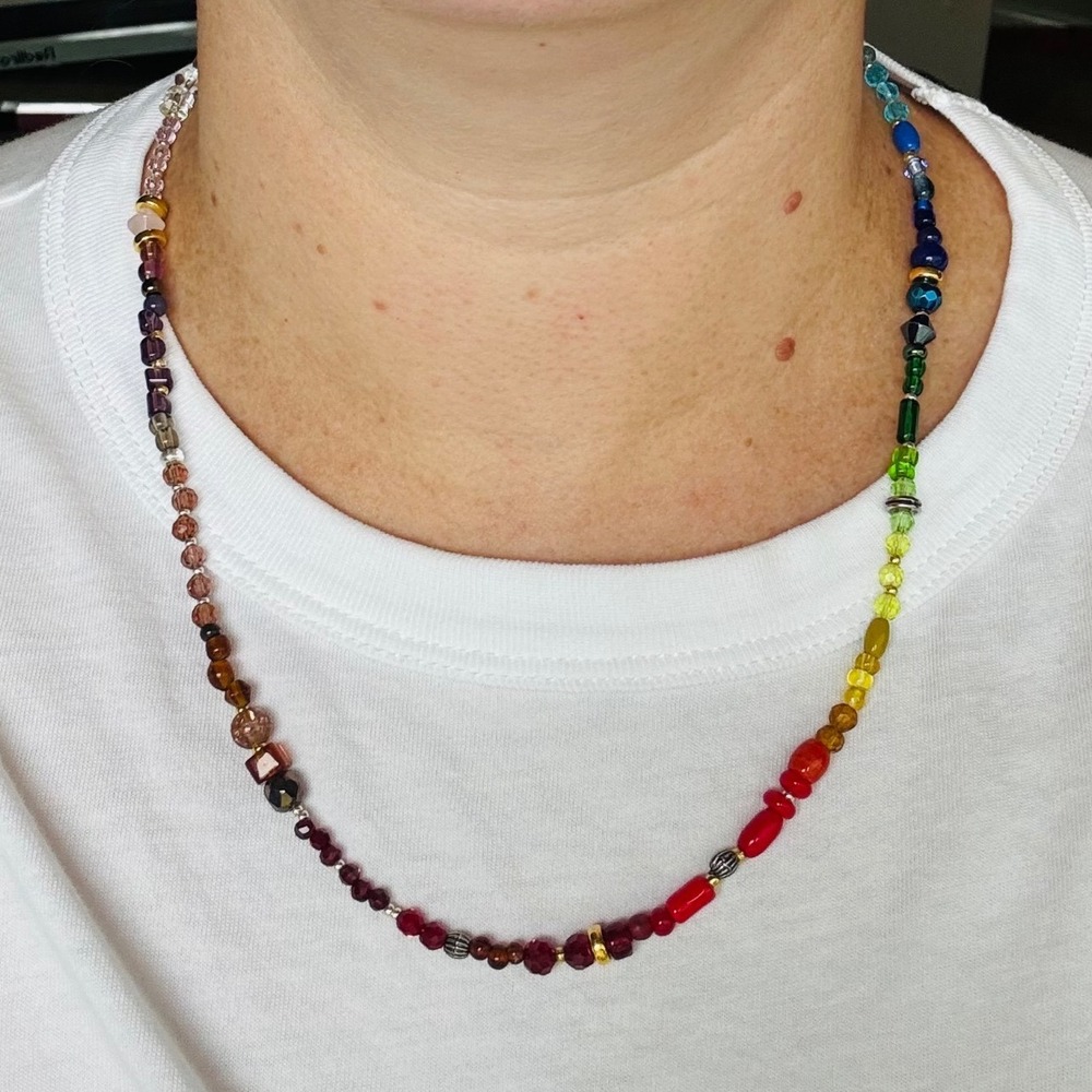 Handmade Beaded Necklace Unisex 21" Rainbow Gold Silver Accents - Picture 4 of 4